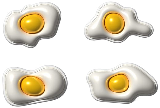 Various inflated fried egg figures with shiny surface on isolated background, 3D rendering illustration