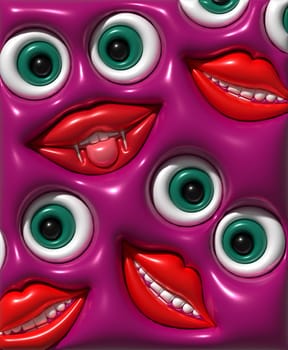 Funny faces with big round eyes and red lips on pink background, 3D rendering illustration