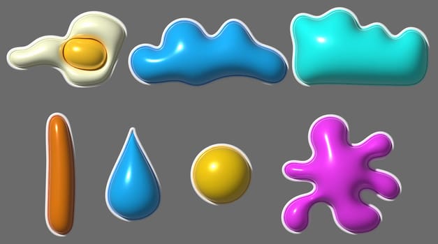 Various inflated figures with shiny surface on gray background, 3D rendering illustration