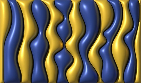 Abstract image with smooth, wavy blue and yellow lines with a glossy effect, sense of three-dimensionality and iridescence, 3D rendering illustration