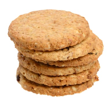 Round cookies with oatmeal and dried fruits on isolated background