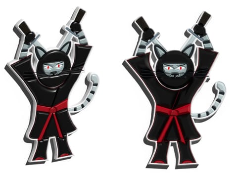 Samurai cat in black robe holding sword behind back on isolated background, 3D rendering illustration