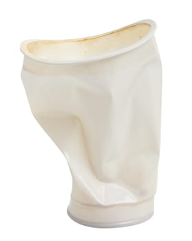 White crumpled plastic used cup on isolated background