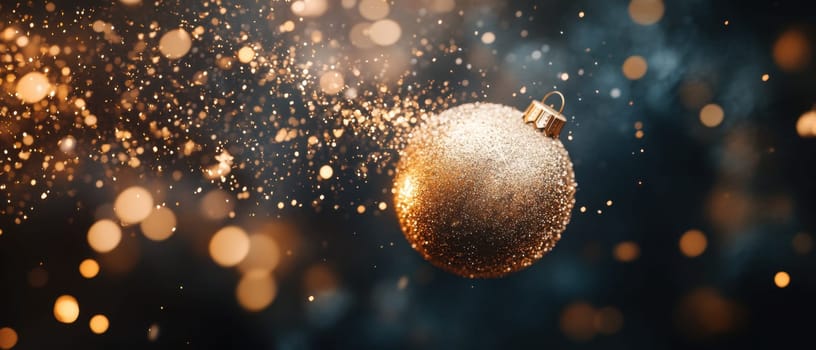 A shimmering golden ornament floats in the air surrounded by sparkling lights and festive bokeh evoking a holiday atmosphere.