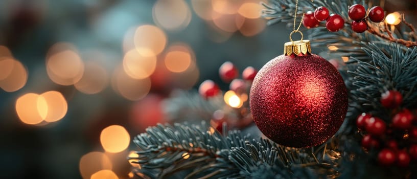 A vibrant red ornament hangs from a pine branch surrounded by twinkling lights and festive decorations during the holiday season.