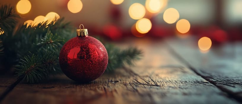 A red ornament sits on a rustic table surrounded by pine branches and soft lights creating a festive mood.