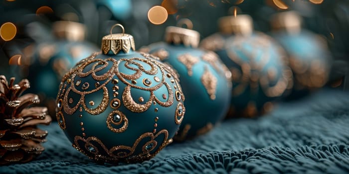 A row of blue and gold ornaments on a table