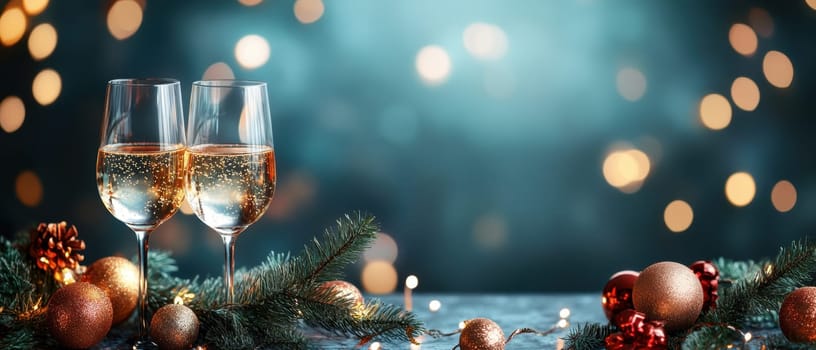 Two glasses of sparkling wine sit on a table adorned with festive ornaments and greenery perfect for holiday celebrations.