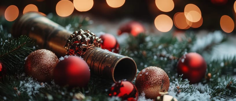 A brass trumpet lies among vibrant red ornaments and green pine creating a holiday atmosphere with soft bokeh lights.