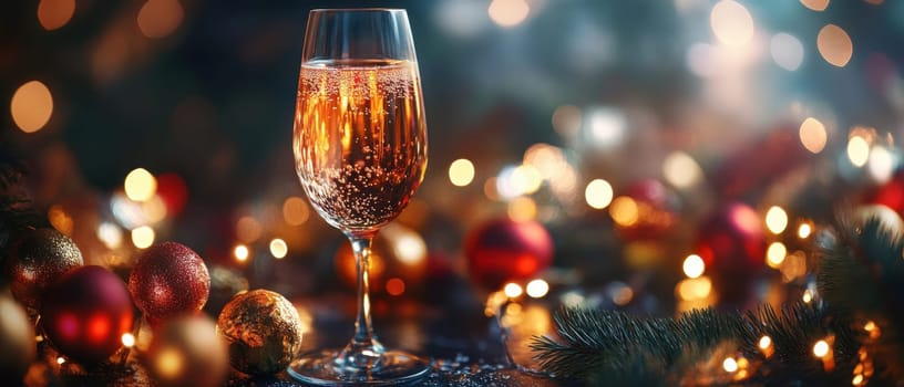 A glass of sparkling beverage sits among colorful ornaments and twinkling lights capturing the essence of a joyful holiday celebration.