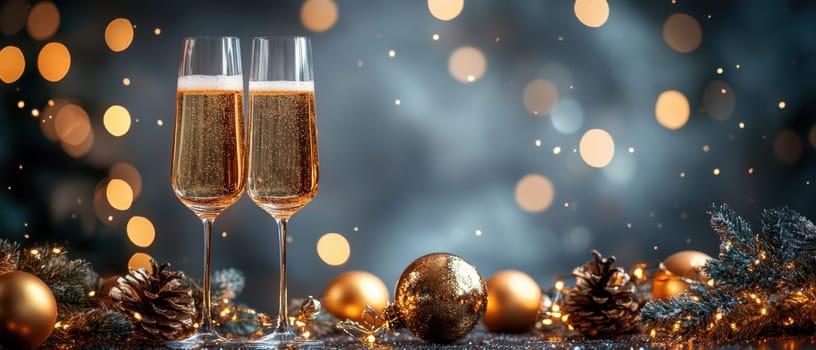 Two champagne glasses stand ready for a toast amidst sparkling lights and holiday decorations embodying a celebratory atmosphere.