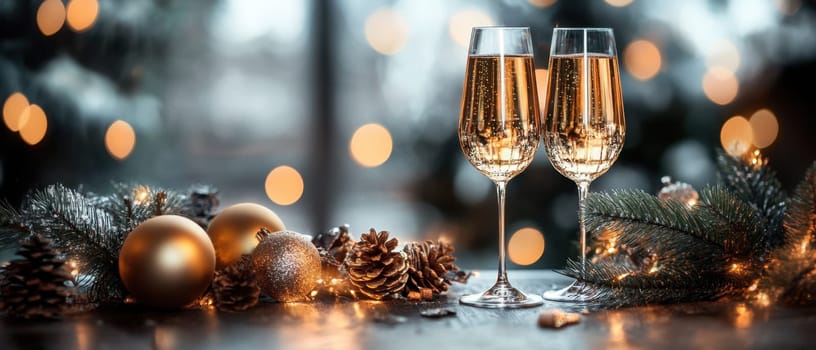 Two elegant champagne glasses filled with bubbly sit beside festive decorations creating a warm celebratory atmosphere for the holidays.