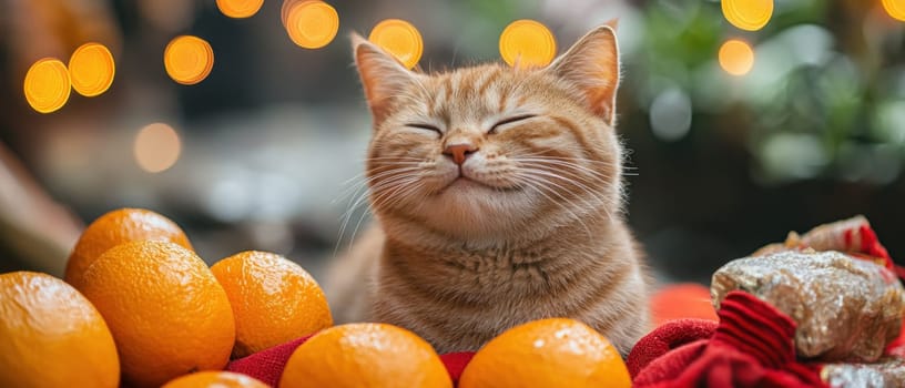 A cheerful cat sits surrounded by bright oranges and festive decorations enjoying a serene moment during holiday celebrations.