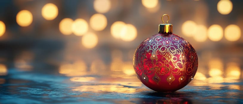 A vibrant red Christmas ornament with intricate gold patterns rests on a reflective surface surrounded by warm glowing lights.