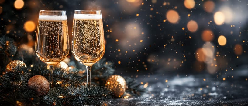 Two elegant glasses of sparkling beverage sit amidst festive decorations celebrating joy and togetherness during a festive occasion.