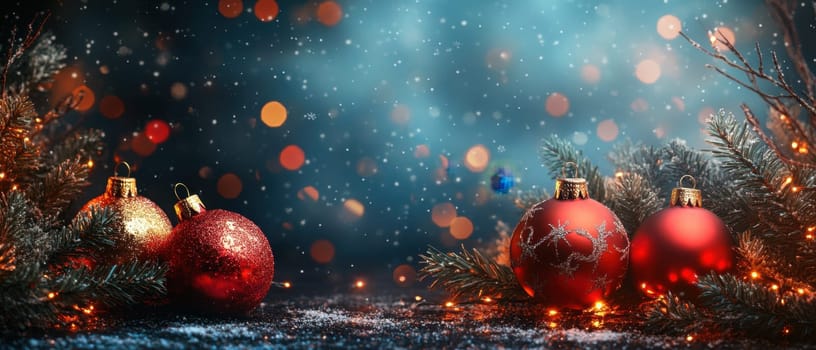 Colorful ornaments rest on a snowy surface surrounded by evergreen branches creating a festive winter atmosphere during the holiday season.