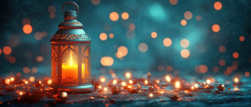 A beautifully crafted lantern emits a warm glow surrounded by soft lights scattered on a textured surface creating a cozy atmosphere.