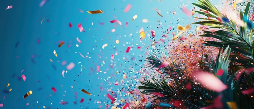 Confetti in various colors fills the air against a bright blue background blending with lush green palm leaves during a festive celebration.