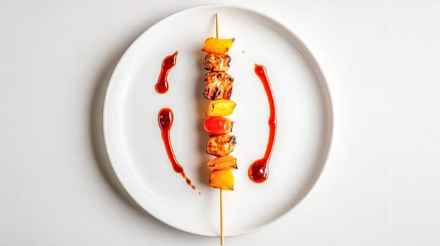 Chicken and bell pepper skewers are presented on a white plate and drizzled with barbecue sauce. The image is perfect for food blogs and menus