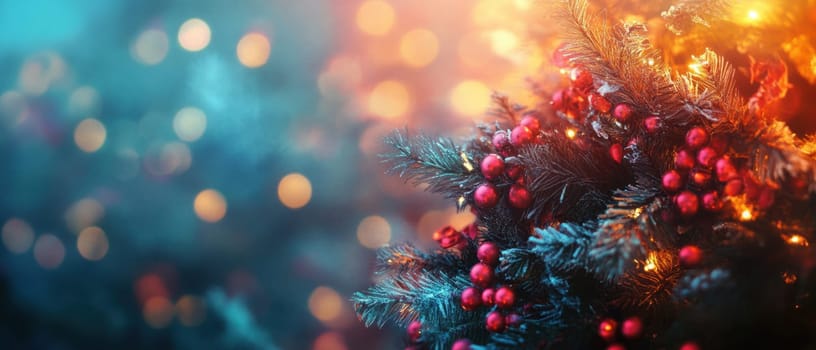 A beautifully adorned Christmas tree is decorated with bright lights and red berries creating a warm festive atmosphere during the holiday season.