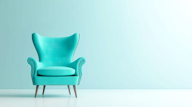 Modern armchair with turquoise upholstery is standing in a minimalist living room with a plain wall in the background