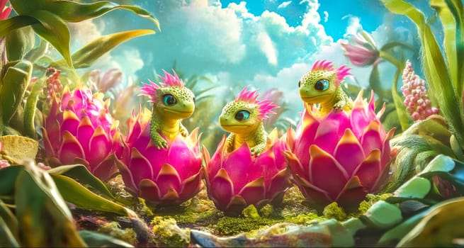 Three cute baby dragons in a magical fantasy world among vibrant dragon fruit and lush foliage, creating a whimsical and enchanting scene filled with wonder and creativity