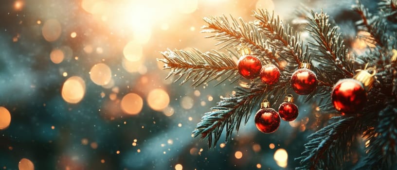 A close up of a Christmas tree branch adorned with red ornaments sparkling lights and a warm festive atmosphere during the holiday season.