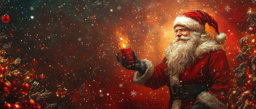 A joyful Santa Claus holds a steaming cup near a beautifully adorned Christmas tree surrounded by falling snowflakes during the winter season.