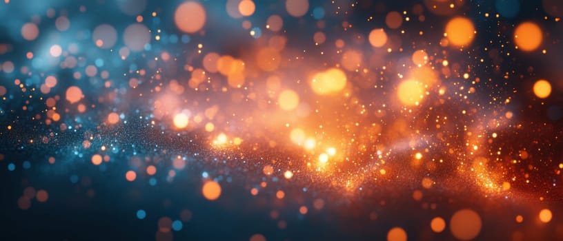 Brilliant bursts of orange and blue bokeh lights illuminate a dark backdrop creating a captivating atmosphere for artistic compositions.