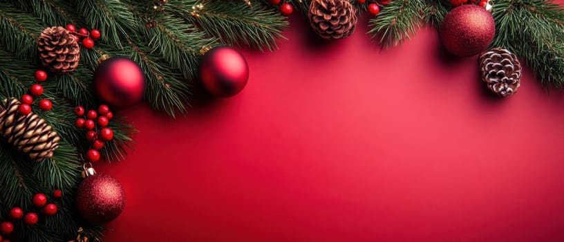 Red ornaments and pine branches create a festive atmosphere perfect for the holiday season and celebrations.