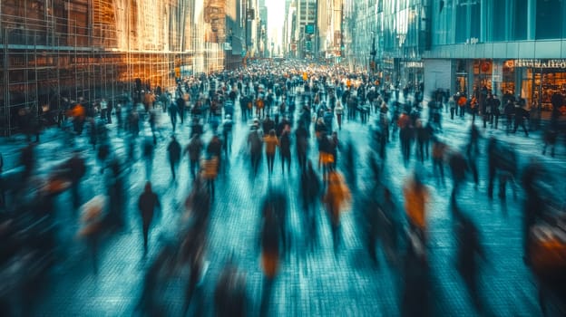 Crowd of people are walking on a busy city street with motion blur applied to show the concept of a fast paced lifestyle