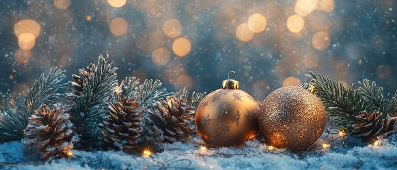 Two decorative golden ornaments sit on a snowy surface among pinecones and evergreen branches highlighting the winter festive atmosphere.