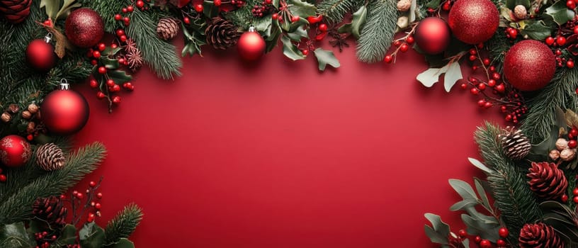 A vibrant arrangement of red ornaments pine branches and berries creates a festive holiday atmosphere for celebrations and decorations.