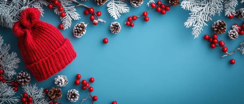 A bright blue surface displays a red knit hat surrounded by pinecones and holiday berries evoking winter festivities and warmth.