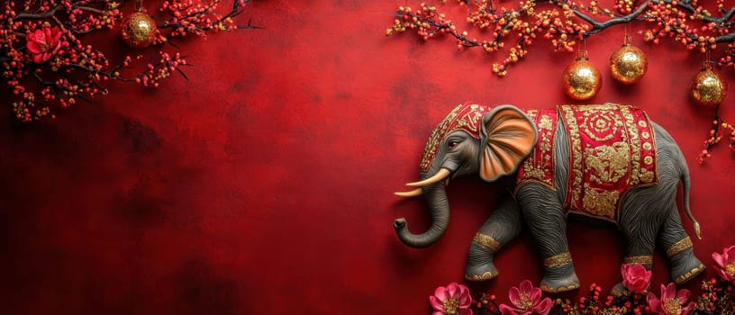 A beautifully adorned elephant stands against a rich red background surrounded by floral patterns and ornaments evoking a festive atmosphere.