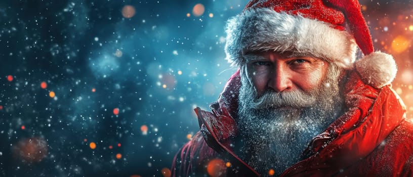 A joyful Santa Claus stands against a snowy backdrop embodying the spirit of Christmas in a festive setting filled with colorful lights.