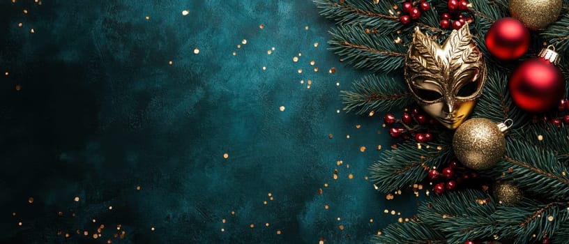 A beautifully arranged display of a golden mask red ornaments and festive greenery creates a cheerful holiday atmosphere.