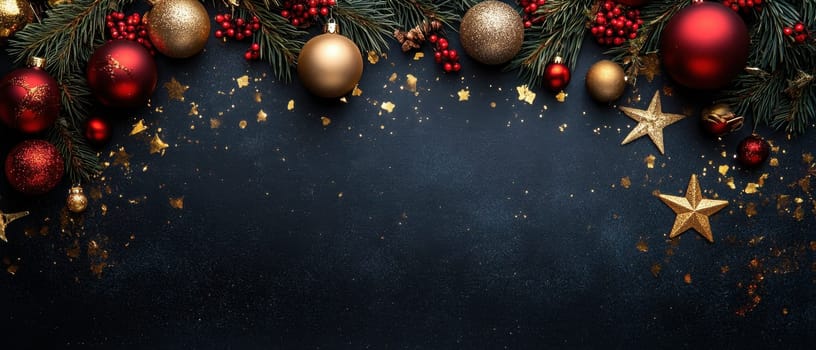 Vibrant green pine boughs adorned with red and gold ornaments berries and shimmering stars create a joyful holiday atmosphere.