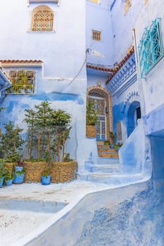 Quiet place in the blue city Chefchaouen.    Morocco. Vertically.