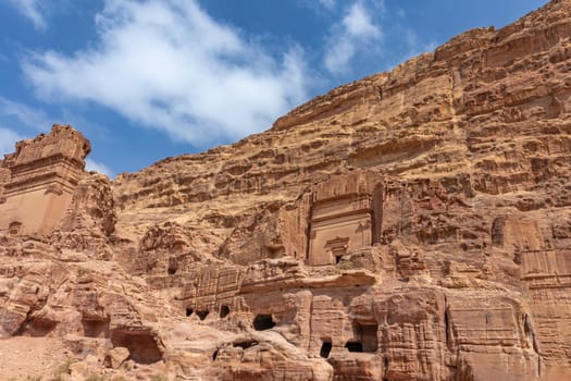 View of  temples in Petra, an ancient city of the Nabatean Kingdom in Jordan. Horizontally.