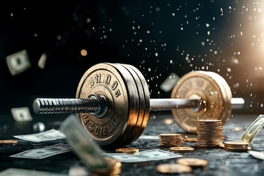 Barbell and money bills and coins for growing your wealth by disciplined saving and investing. financial concept