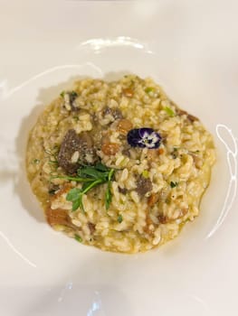 Delicious creamy risotto topped with fresh herbs and a vibrant edible flower. Visually appealing dish showcases a blend of flavors and artistry in culinary presentation. Flavor and elegance Italian cuisine.