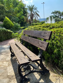 Green park scene featuring a wooden bench surrounded by vibrant greenery and flowers under a clear blue sky. Setting invites relaxation and reflection in nature embrace.