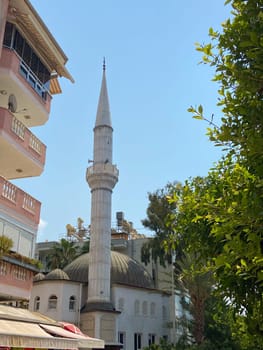 Stunning blend of palm trees and a mosque tower against a backdrop of city life and tranquil skies. Cultural architecture in an urban setting.