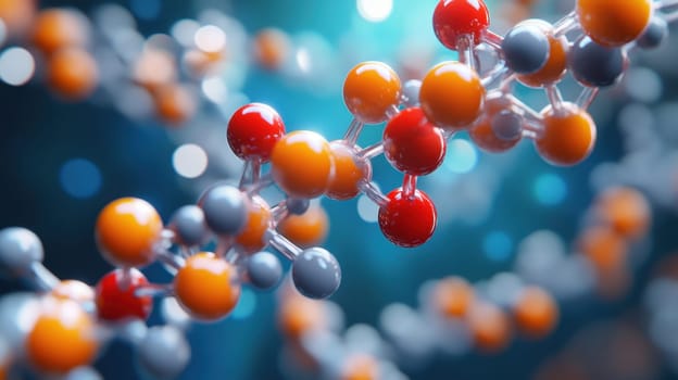 A close up view captures a vibrant molecular structure composed of various colored atoms showcasing scientific beauty against a blue backdrop.