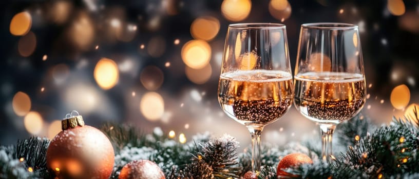 Two elegant glasses of sparkling beverage sit on a table with seasonal decorations surrounded by cozy holiday lights and ornaments.