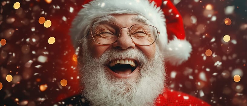 A joyful Santa Claus laughs heartily as snowflakes fall around him embodying the festive spirit of Christmas celebrations.