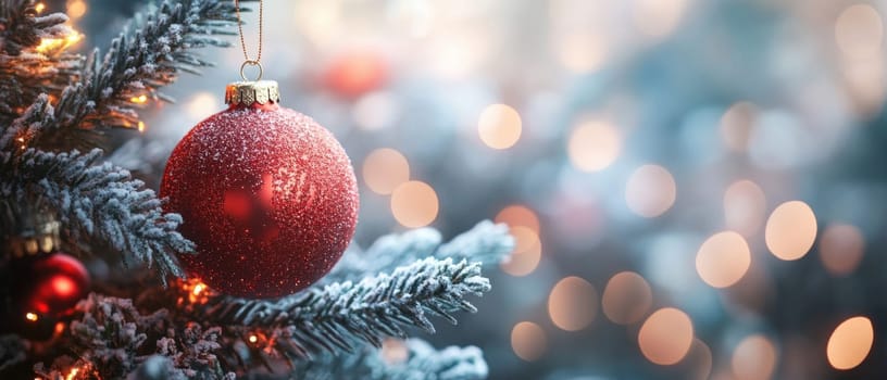A beautiful red ornament is prominently displayed on a snow covered Christmas tree surrounded by soft glowing lights in a festive atmosphere.