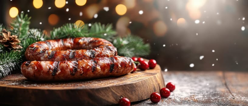 Delicious grilled sausages arranged on a wooden board surrounded by festive greenery and red berries creating a warm winter ambiance.
