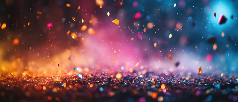 Confetti of various colors cascades softly to the ground creating a festive atmosphere at a lively party under vibrant lights.